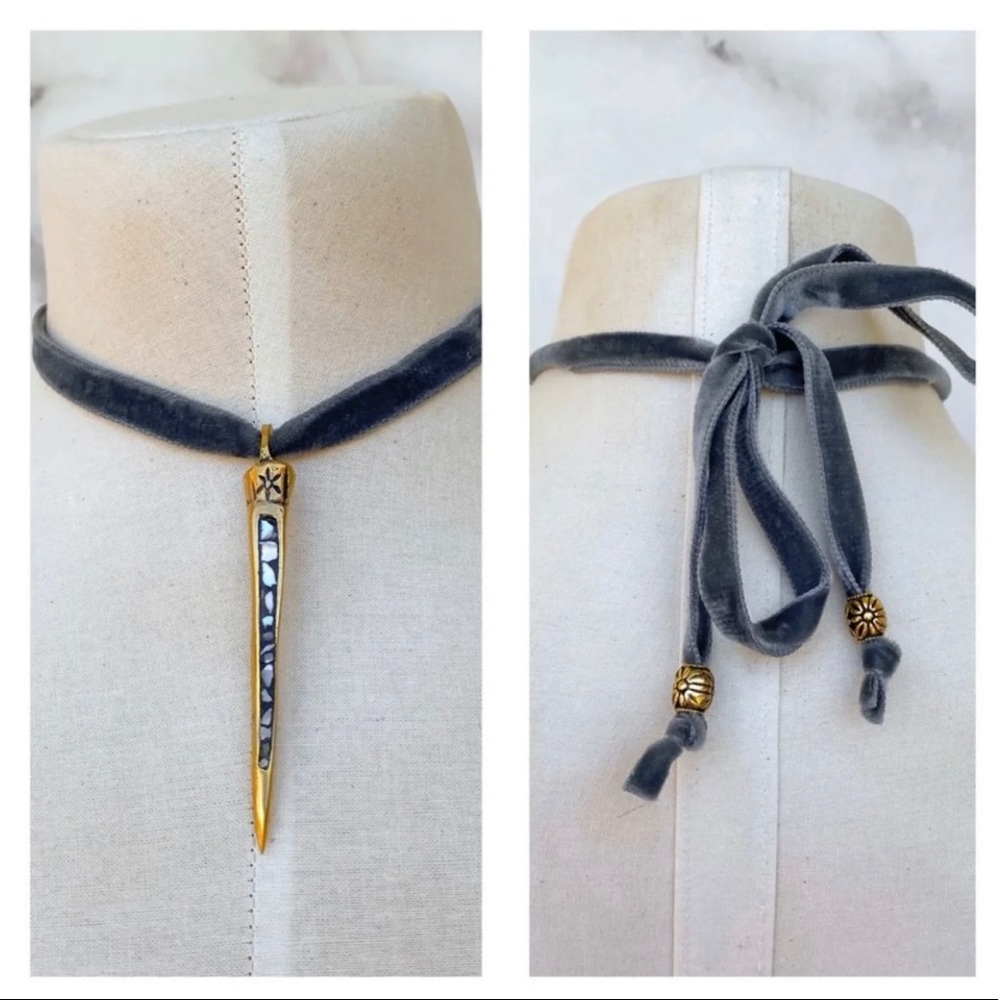 Velvet Mother of Pearl Brass Spike Pendant Choker Necklace